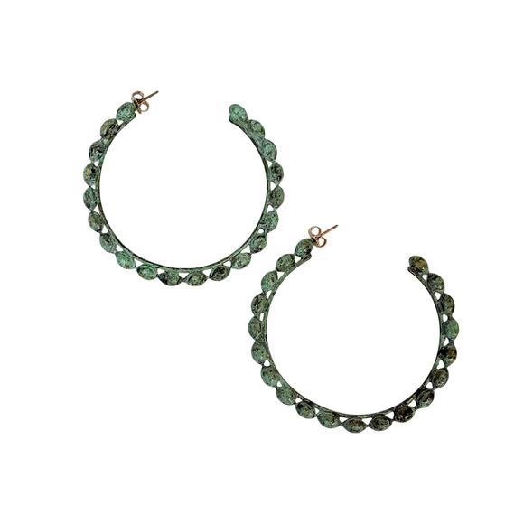 Oxidized Green Rustic Earthy Metal Open Design Artisan 90s Hoop Pierced Earrings - Picture 3 of 3